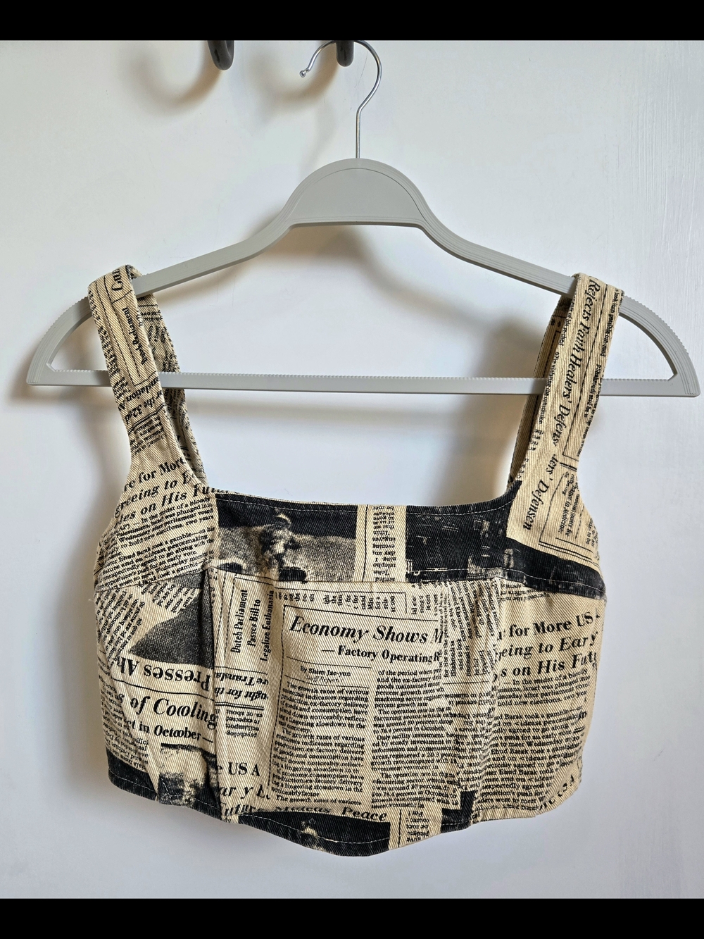 Et Clet Newspaper Print Denim Corset Top Y2K Crop - Beige/Black